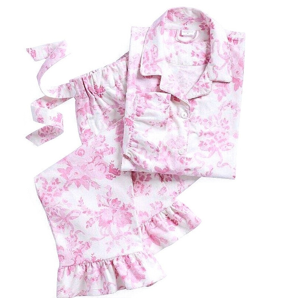 LoveShackFancy Pajama Set Pink Flannel Cotton Floral Ruffle Boho Sleepwear PJs